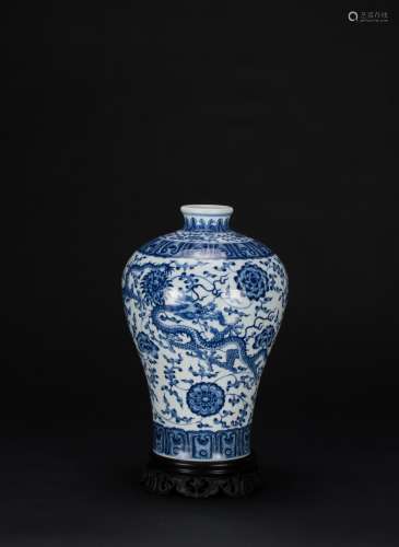 A Blue And White ‘Dragon’ Vase with Wood stand