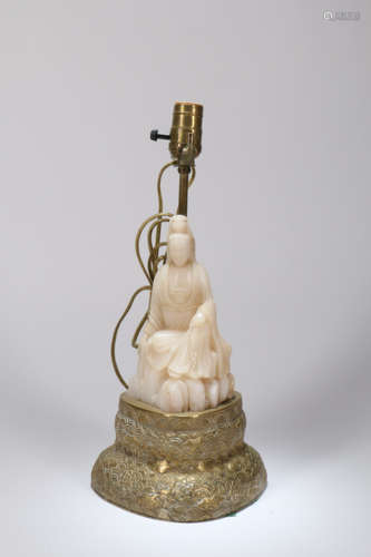 A Table Lamp with Carved White Jade Lady Decoration 