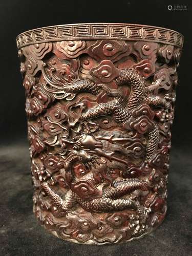 A Chinese Carved Zitan Wood Brush Pot