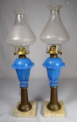 PAIR OF 19TH C. SANDWICH GLASS OIL LAMPS: