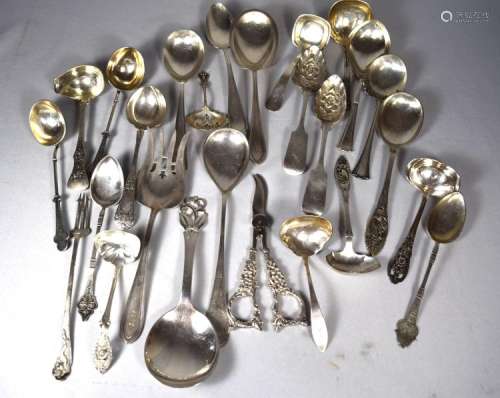 26 ASSORTED EUROPEAN 830, COIN SILVER & AMERICAN STERLING SILVER SERVING PIECES: