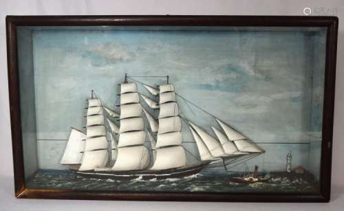 MID 19TH C AMERICAN TALL SHIP SHADOW BOX DIORAMA: