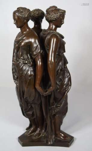 LATE 19TH C BRONZE AFTER GERMAINE POLIN FIGURAL GROUP THREE MUSES:
