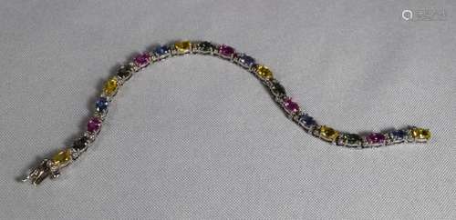 MULTI COLORED SAPPHIRE, DIAMOND & W14KT WHITE GOLD TENNIS BRACELET: