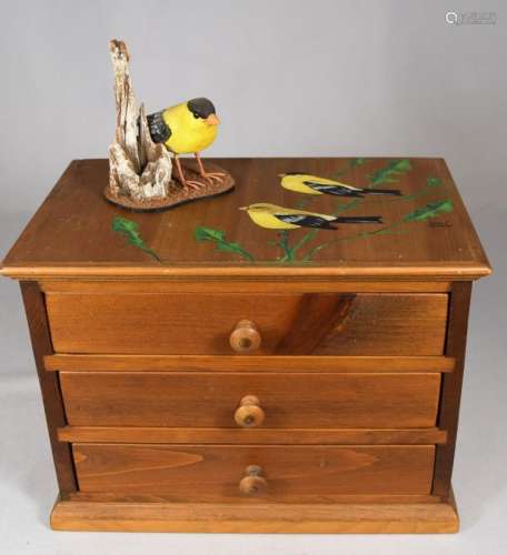 STAN SPARRE CARVED FINCH with FINCH DECORATED DRESSER TOP CHEST: