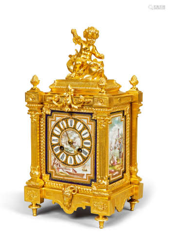 约1890年 法国铜鎏金镶瓷板画座钟