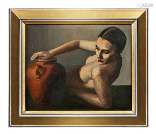 约1930年 裸女与陶瓶 布面油彩