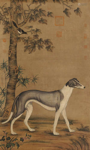 郎世宁（1688～1766）（款） 名犬图 立轴 绢本