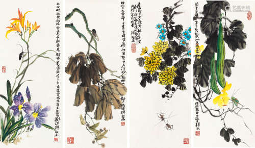 韩敏（1929～） 花鸟 四屏立轴 纸本