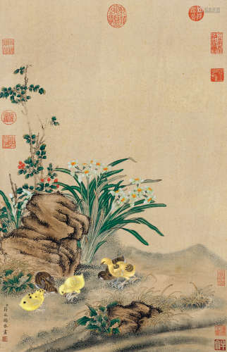 蒋廷锡（1669～1732） 兰花小鸡 立轴 绢本