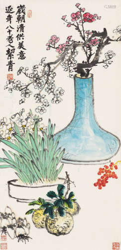 胡絜青（1905～2001） 1985年作 清供 立轴 纸本