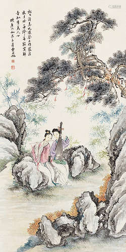 费丹旭（1802～1850）（款） 松下抚琴图 立轴 纸本