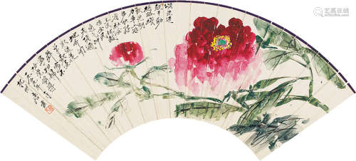 唐云（1910～1993） 1959年作 牡丹 扇面镜片 纸本