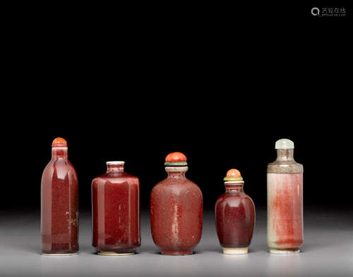 19th century A group of five copper-red glazed porcelain snuff bottles