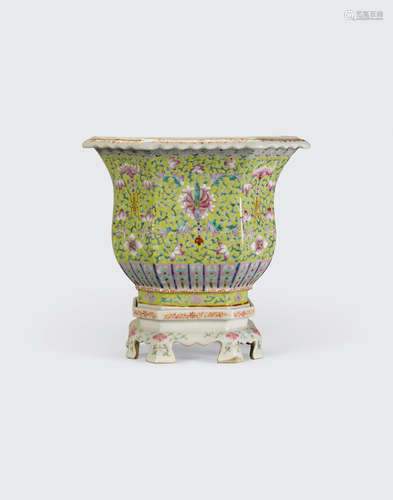 A yellow ground famille rose enameled octagonal planter and stand