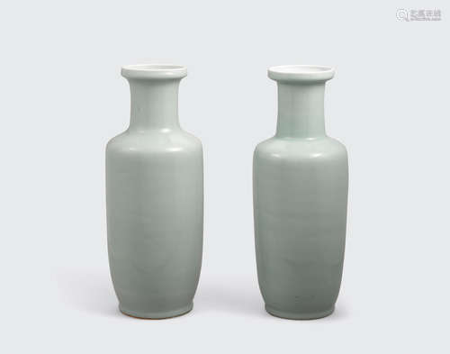 Kangxi marks, 19th century A pair of celadon glazed rouleau vases