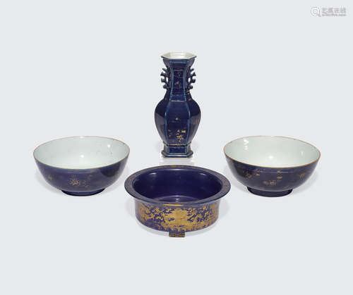 18th century and later A group of four cobalt blue and gilt decorated porcelain containers