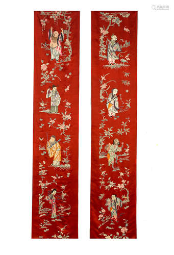 Late Qing/Republic period A pair of red satin panels embroidered with the Eight Immortals