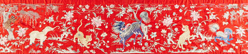 Republic period An embroidered red ground horizontal silk panel