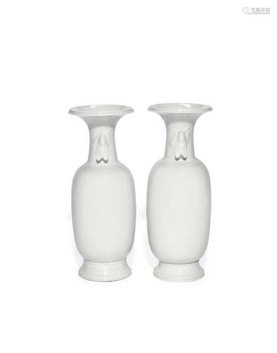 Meiji era A pair of Hirado style white glazed vases with cicada and leaf handles