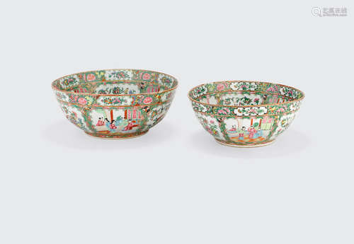 19th century Two 'Rose Medallion' export porcelain punch bowls