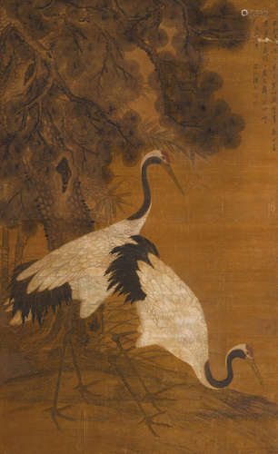 A large painting of Two Cranes Under Pine After Lu Zhi (Qing dynasty)