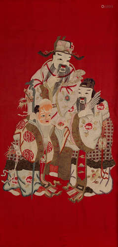 Late Qing/Republic period A massive red satin panel embroidered with the Three Star Gods