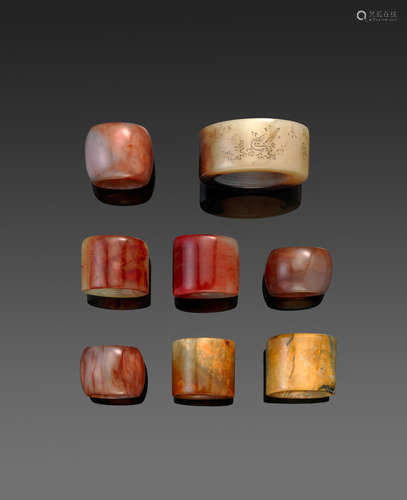 A group of eight hardstone rings