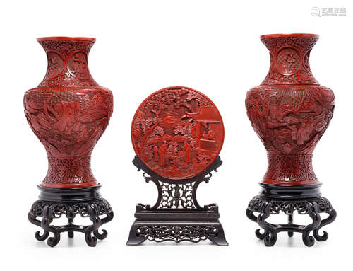 20th century a group of THREE CINNABAR LACQUER DECORATIONS