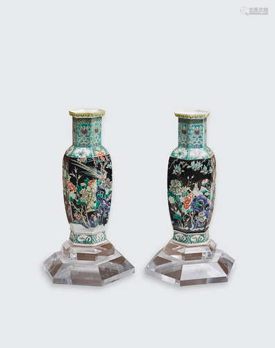 Late Qing/Republic period A pair of famille noire enameled hexagonal sectioned baluster vases