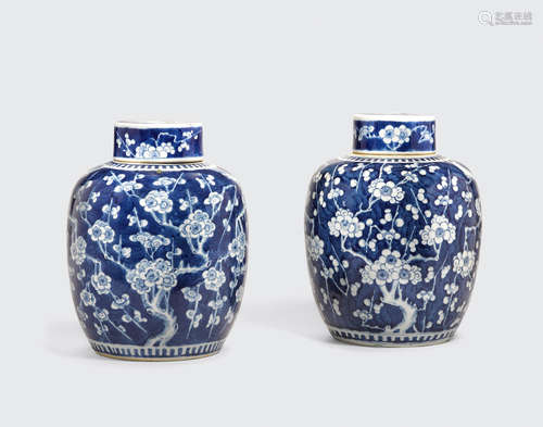 A pair of blue and white covered ginger jars