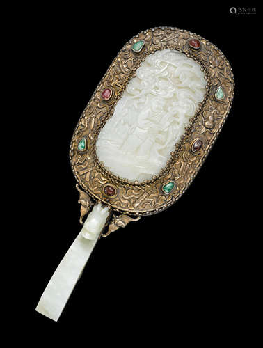 The jades Qing dynasty A jade-mounted silver hand mirror