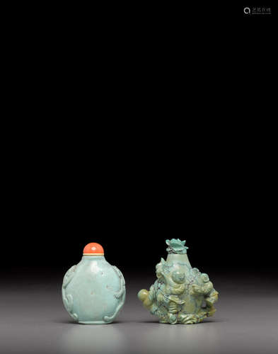 19th/20th century Two carved turquoise snuff bottles