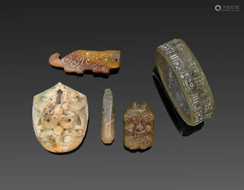 A group of five archaistic jade and hardstone carvings