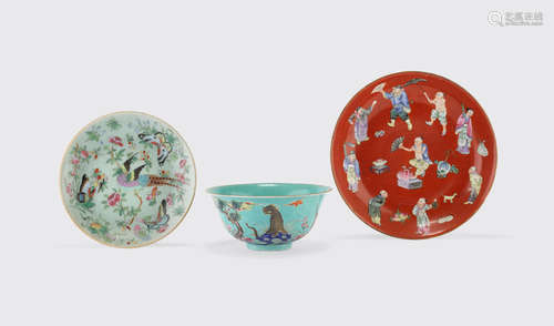 Jiaqing marks, late Qing/Republic period Two famille rose enameled porcelains with figural decoration