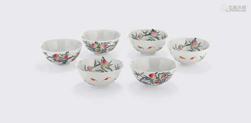 Qianlong marks, Republic period A set of six famille rose enameled 'nine peaches' bowls