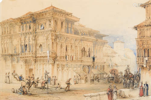 North India, circa 1800 A city scene of a haveli