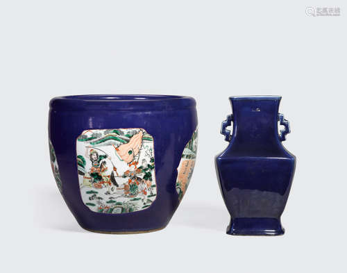 Late Qing/Republic Period Two blue glazed porcelain containers