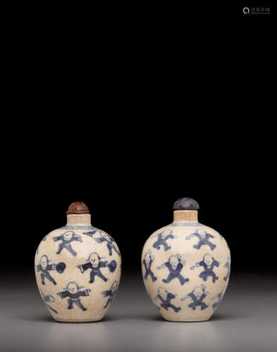 Late 19th century Two soft paste blue and white porcelain snuff bottles