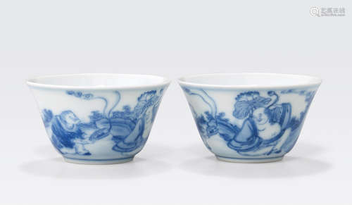 Kangxi marks Two blue and white porcelain wine cups