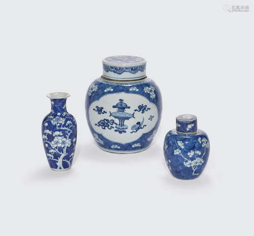 18th and 19th centuries a group of Three blue and white containers with prunus decoration