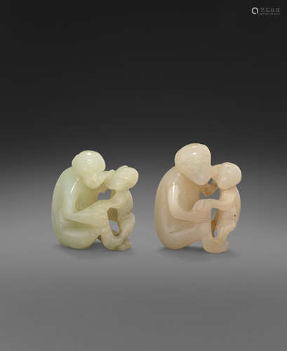 Two small jade monkey figural groups