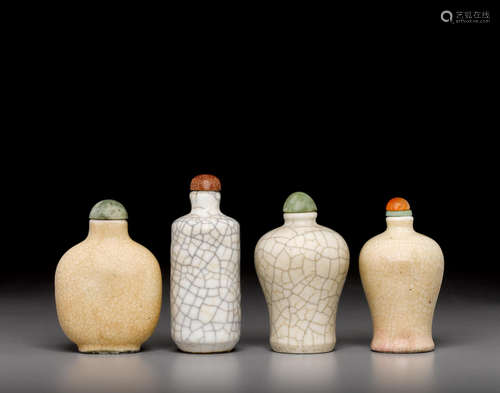 19th century a group of four crackle glazed porcelain snuff bottles