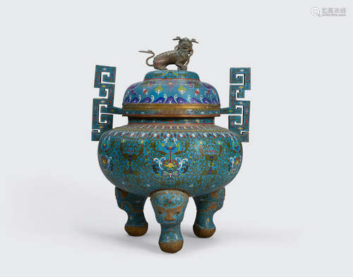 Qianlong mark, late Qing/Republic period A cloisonné enameled censer and cover