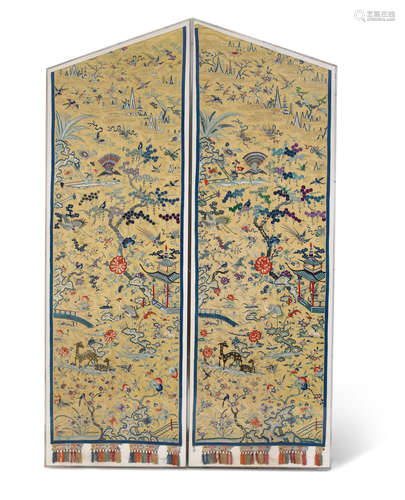 Late Qing/ Republic period  A pair of large embroidered silk panels