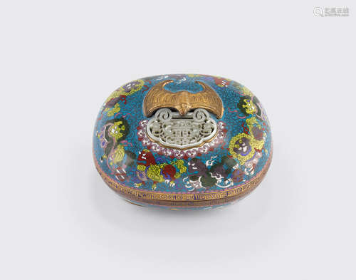 The plaque: Republic period or earlier A cloisonné enameled lidded box mounted with a reticulated jade plaque