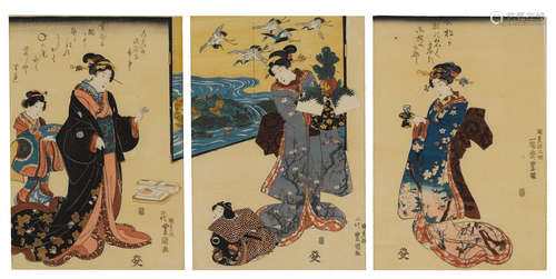 Three woodblock print triptych sets Hiroshige (1797-1858), Kuniyoshi (1797-1861) and Kunisada (1786-1864)