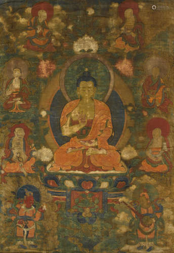 Tibet, 19th century A thangka of Shakyamuni with Arhats