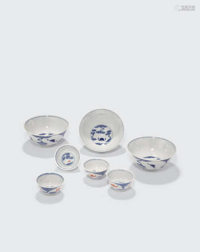 Republic period a group of Seven bowls and cups decorated with bats and clouds