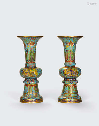 Qianlong marks, 20th century A pair of cloisonné gu-form vases